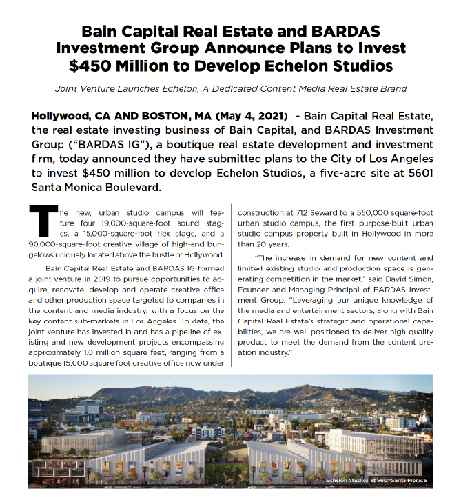 Bain Capital Real Estate and BARDAS Investment Group Announce Plans to Invest $450 Million to Develop Echelon Studios