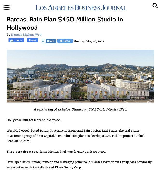 Bardas, Bain Plan $450 Million Studio in Hollywood