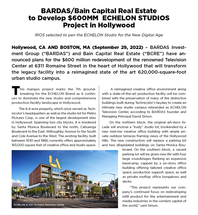 BARDAS/Bain Capital Real Estate to Develop $600MM ECHELON STUDIOS Project in Hollywood.