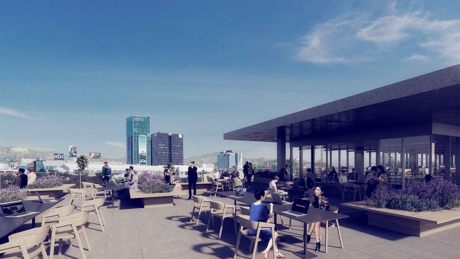 Rooftop deck with sweeping views of Hollywood.