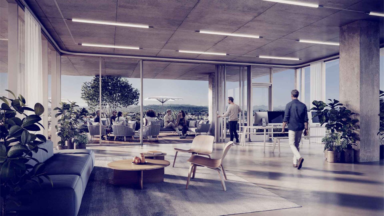 Indoor lounge opening to panoramic terrace views.
