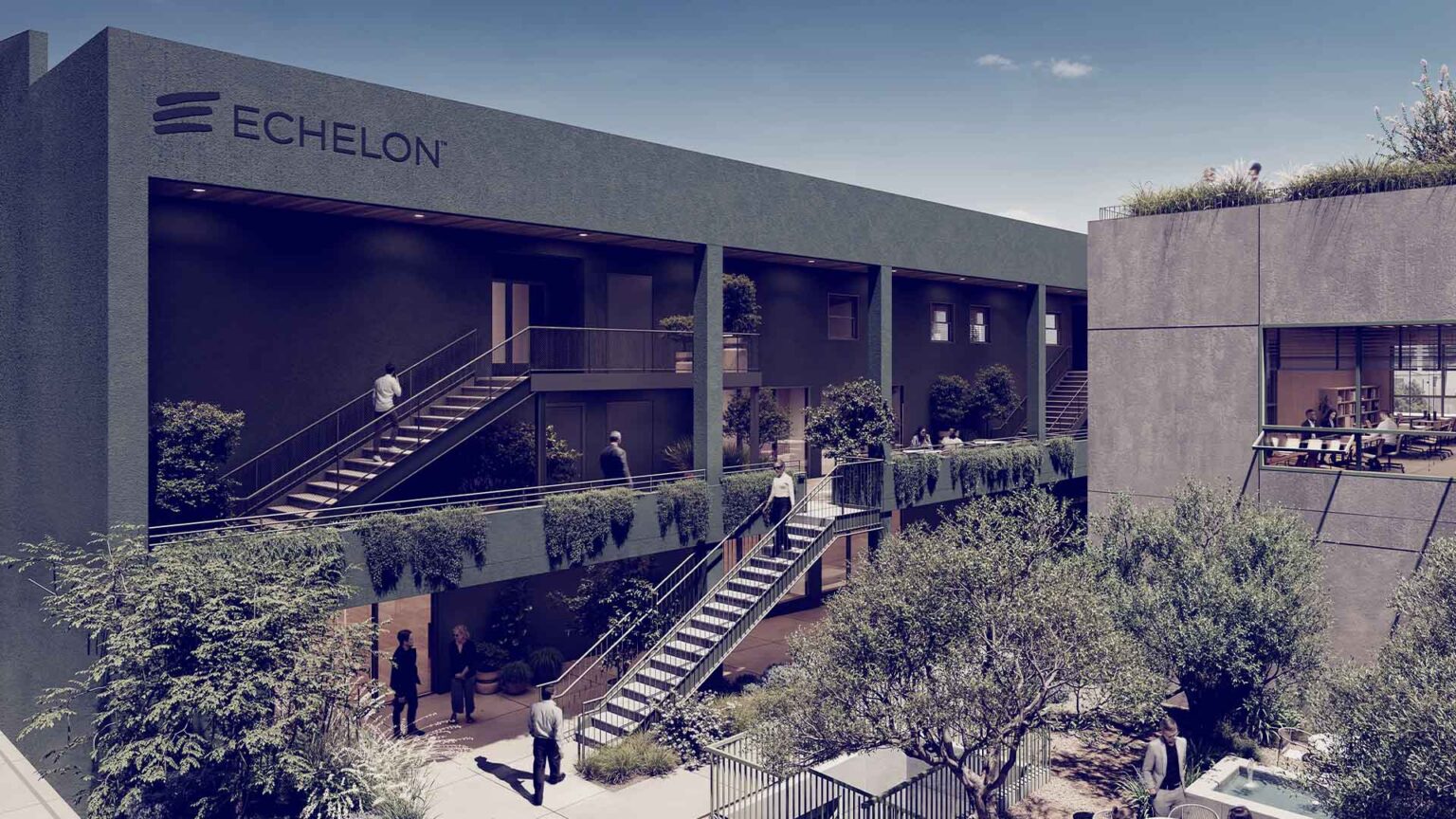 Two-level facade with courtyard-facing terraces and lush greenery.