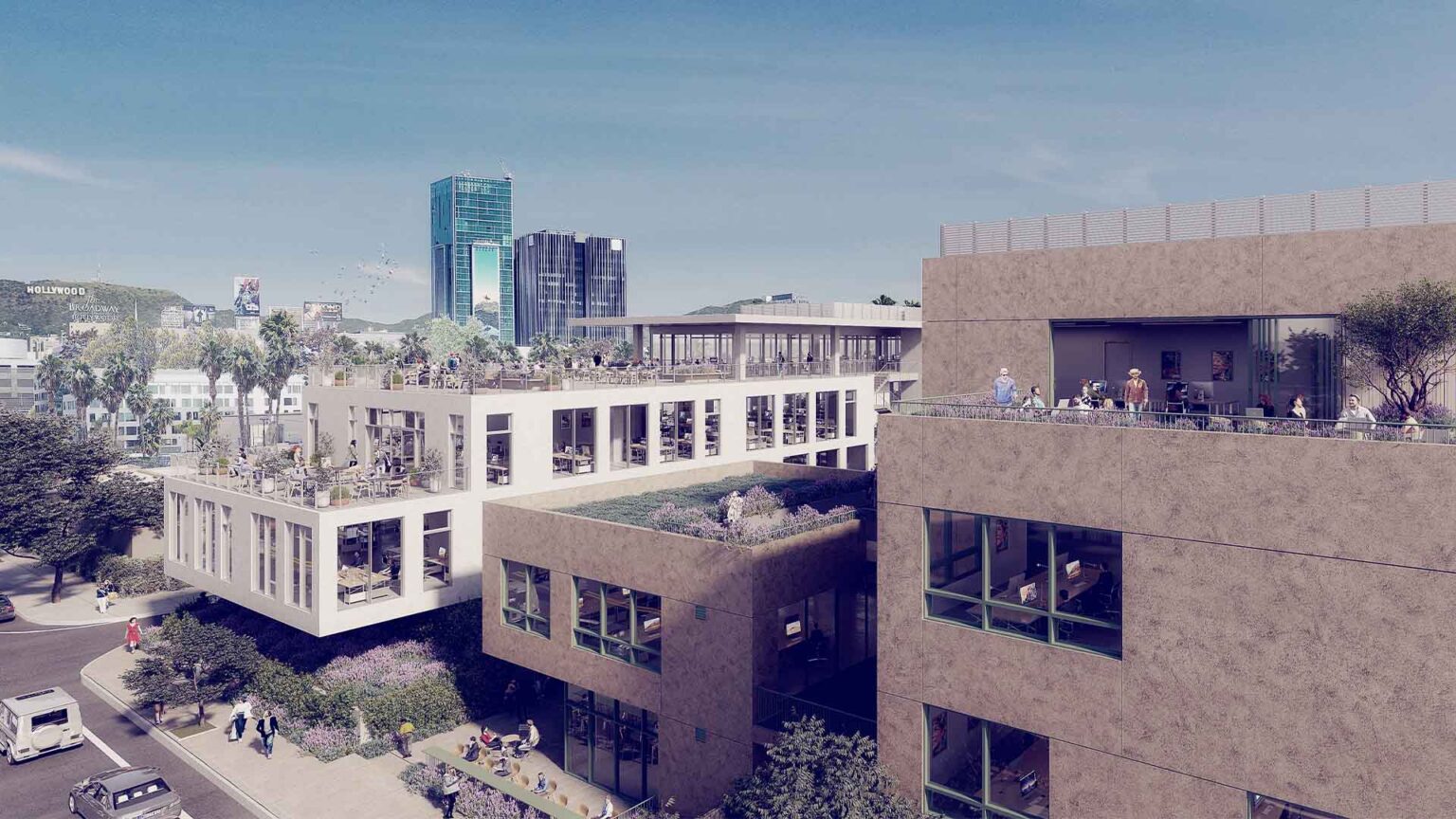 Terraced rooftops overlooking the Hollywood skyline.