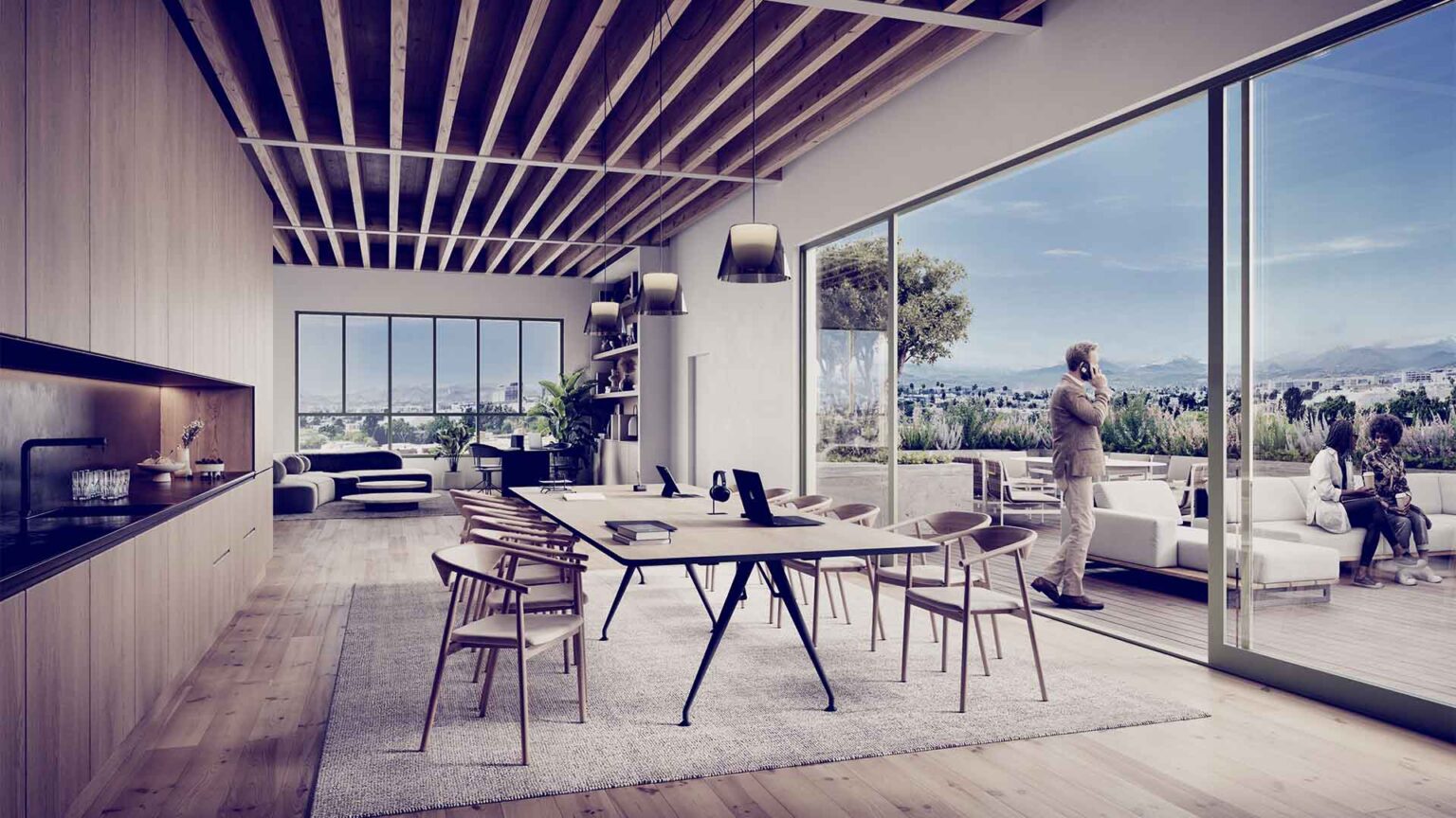 Private meeting space with exposed wood ceiling and terrace access.