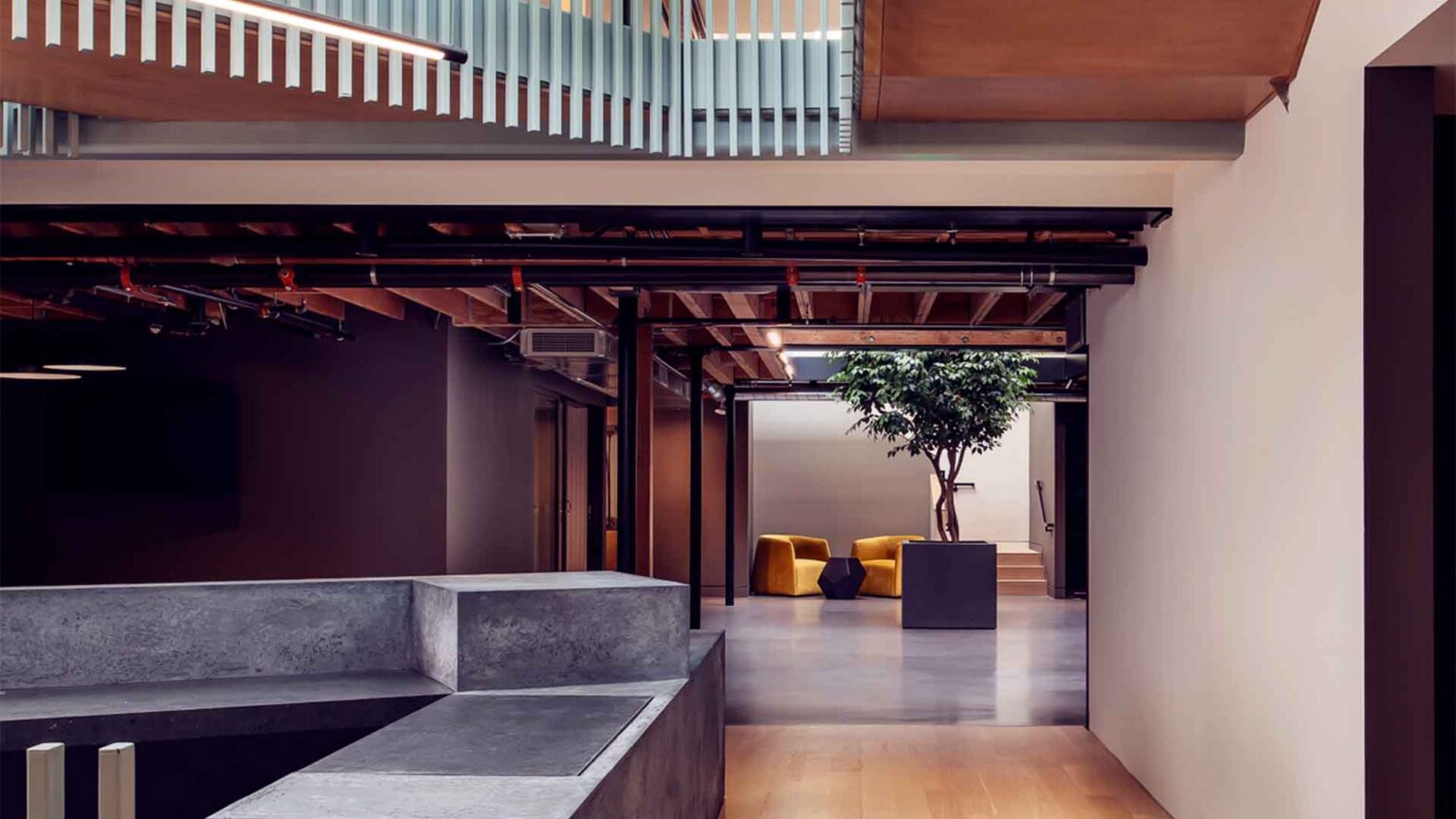 Reception anchored by concrete and natural light.