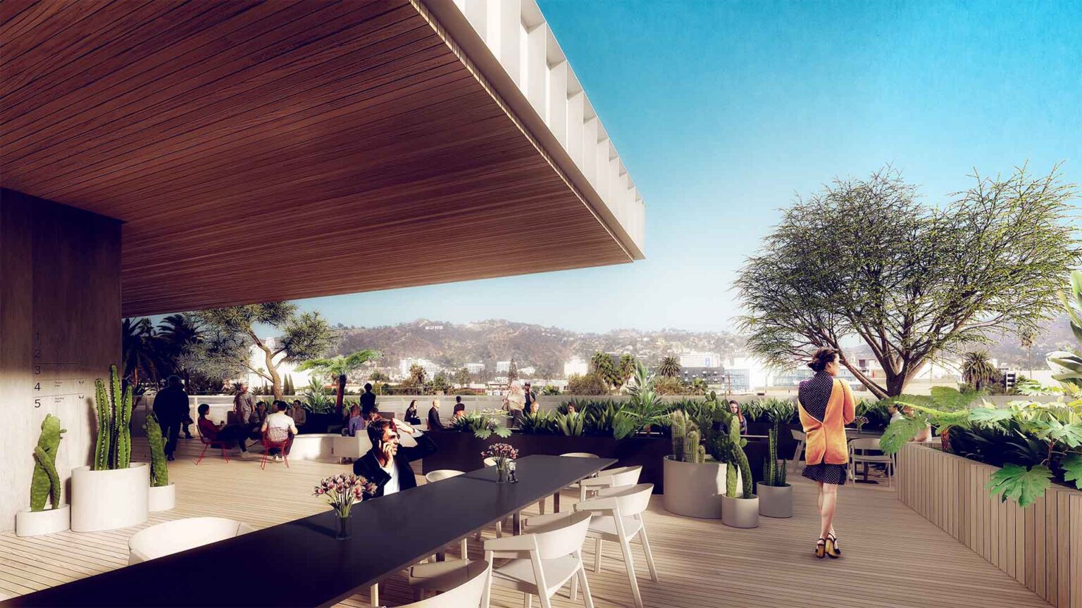 Rooftop deck with panoramic views of Hollywood.
