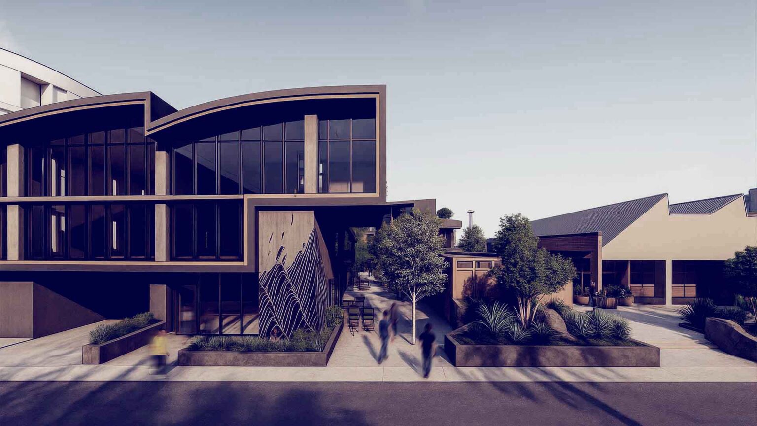 Flexible pavilions offer space for pop-ups, gallery concepts, or all-day cafés.