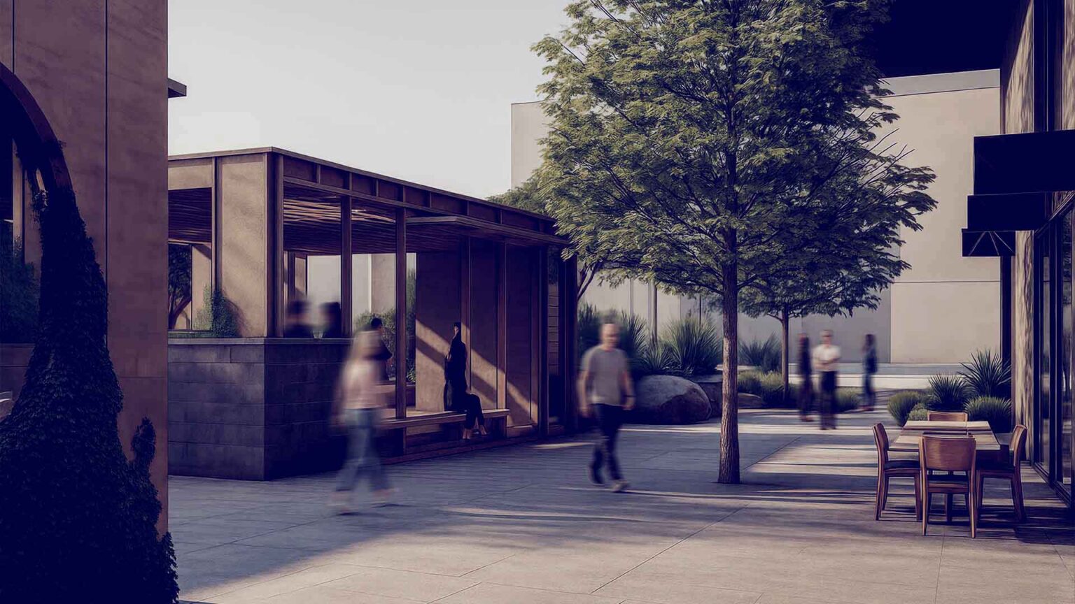 Lush walkways and shade trees create a relaxed, village-like rhythm.