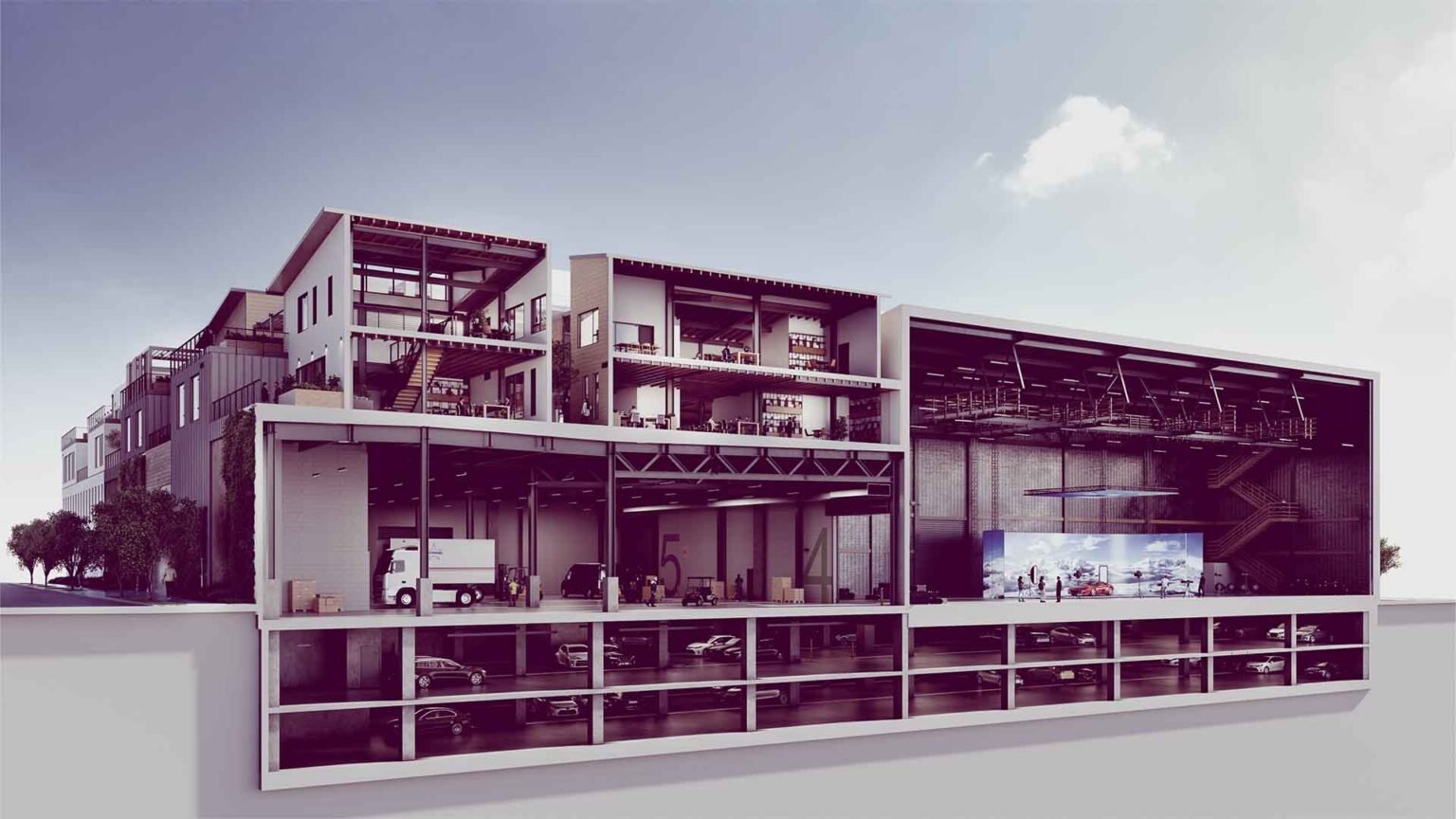 A vertical village for makers - combining workspace, stage access, and support in one continuous rhythm.