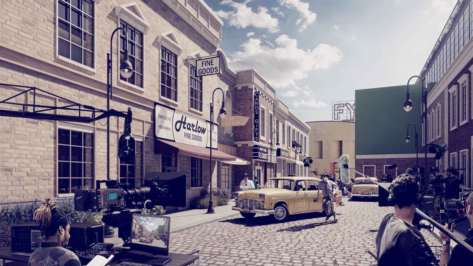 A fully dressed backlot street ready for action - filming, resets, and repeat.