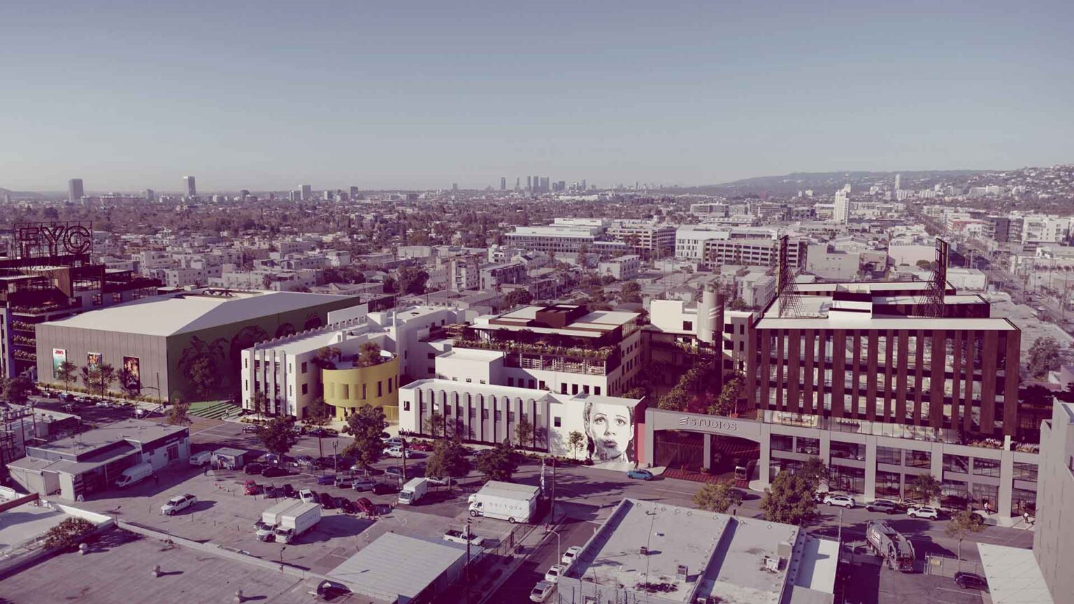From above, a creative city within the city - workspace, rooftops, and culture interwoven block to block.